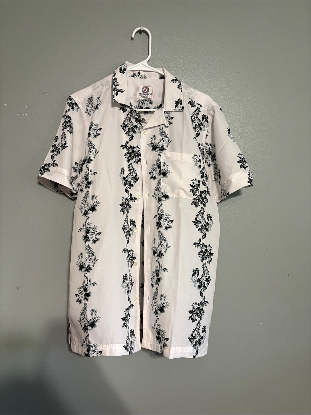 Revolution White Short Sleeve Button-Down with Black Floral Print